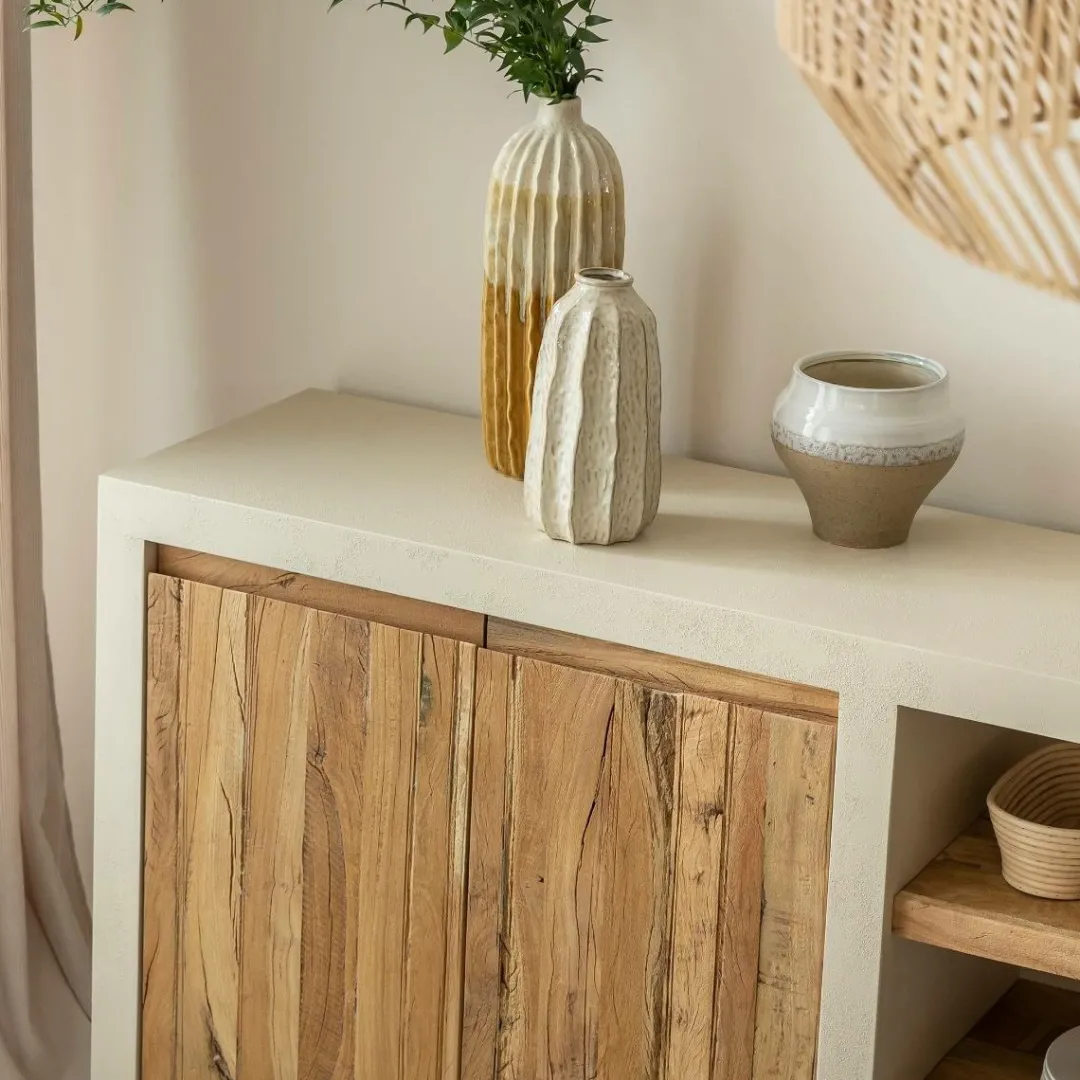 Buffet<Made in Meubles Buffet 2 portes avec étagères en bois effet béton et bois recyclé Dalva