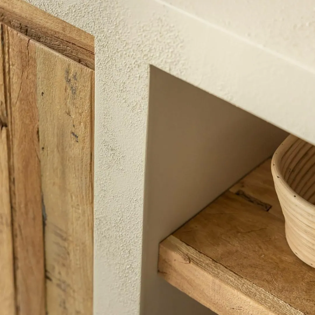 Buffet<Made in Meubles Buffet 2 portes avec étagères en bois effet béton et bois recyclé Dalva