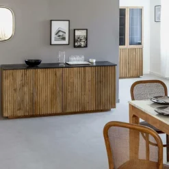 Buffet<Made in Meubles Buffet 4 portes en bois de manguier et marbre Betty