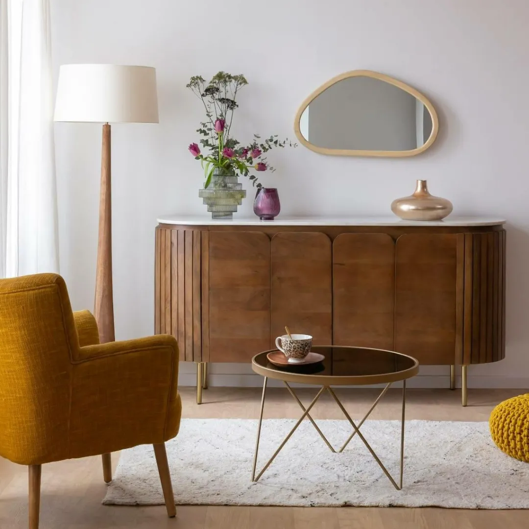 Buffet<Made in Meubles Buffet arrondi en bois de manguier et marbre Sienne