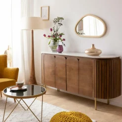 Buffet<Made in Meubles Buffet arrondi en bois de manguier et marbre Sienne