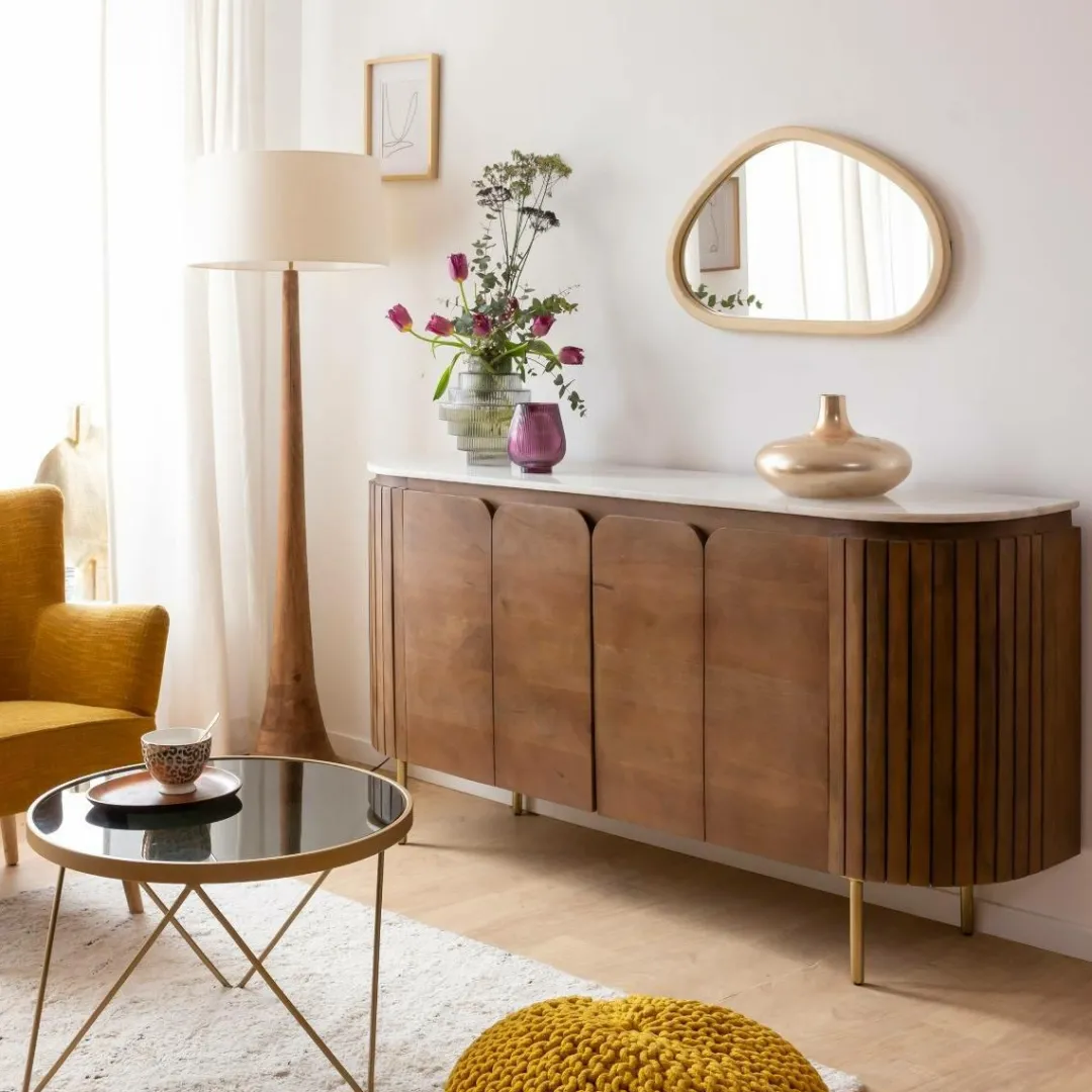 Buffet<Made in Meubles Buffet arrondi en bois de manguier et marbre Sienne