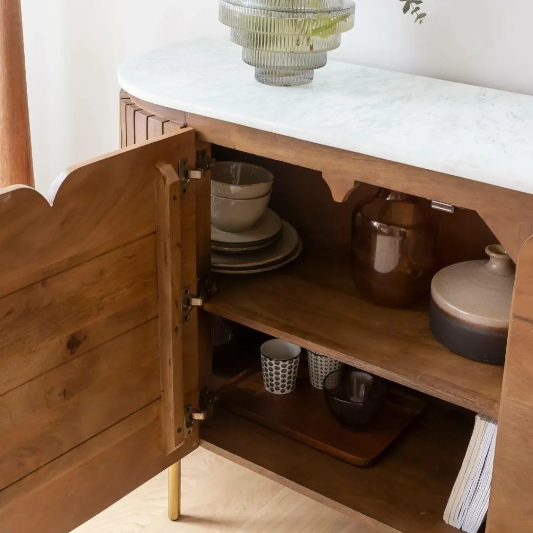 Buffet<Made in Meubles Buffet arrondi en bois de manguier et marbre Sienne