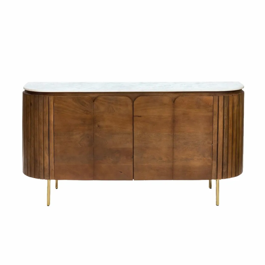 Buffet<Made in Meubles Buffet arrondi en bois de manguier et marbre Sienne