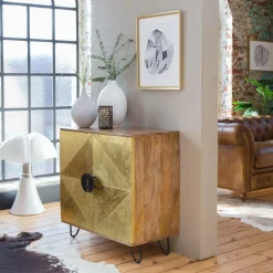 Buffet<Made in Meubles Buffet carré en bois de manguier et feuille de laiton Gisèle