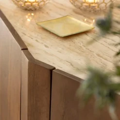 Buffet<Made in Meubles Buffet en bois de manguier et travertin Azure