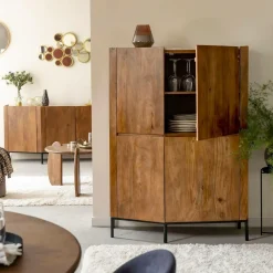 Buffet<Made in Meubles Buffet haut en bois de manguier clair et travertin Josh