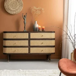 Commode<Made in Meubles Commode 6 tiroirs en bois de manguier et cannage Soren
