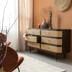 Commode<Made in Meubles Commode 6 tiroirs en bois de manguier et cannage Soren