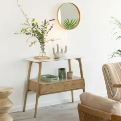 Table Console<Made in Meubles Console en bois de manguier et marbre Hari