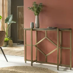Table Console<Made in Meubles Console en manguier et métal doré Valérie