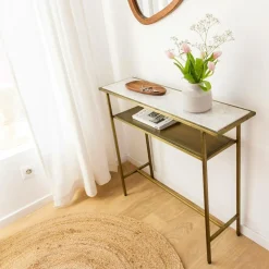 Table Console<Made in Meubles Console en métal doré et marbre Timéo