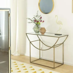 Table Console<Made in Meubles Console en métal doré et verre Léa