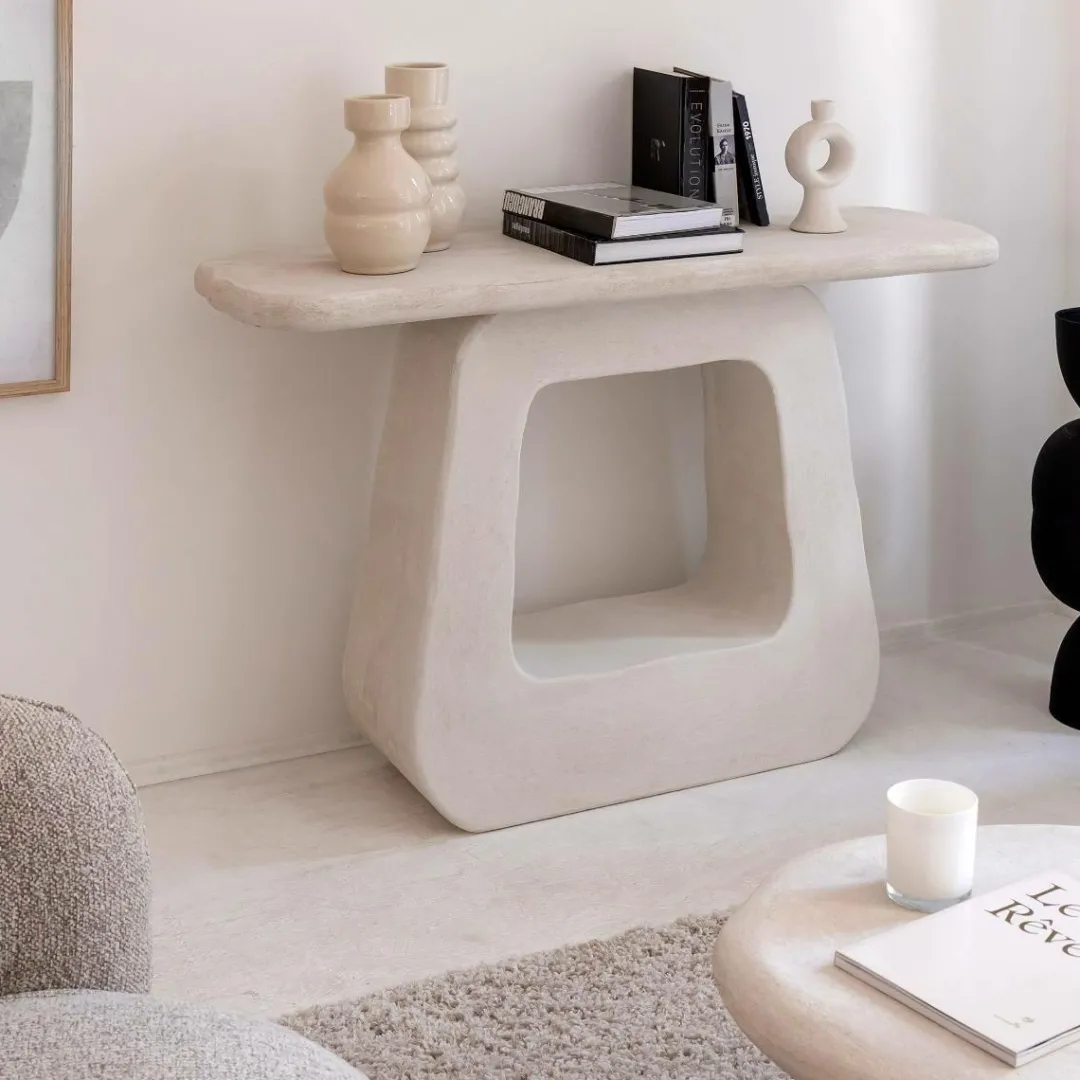 Table Console<Made in Meubles Console pied central en bois effet béton blanc Danaé