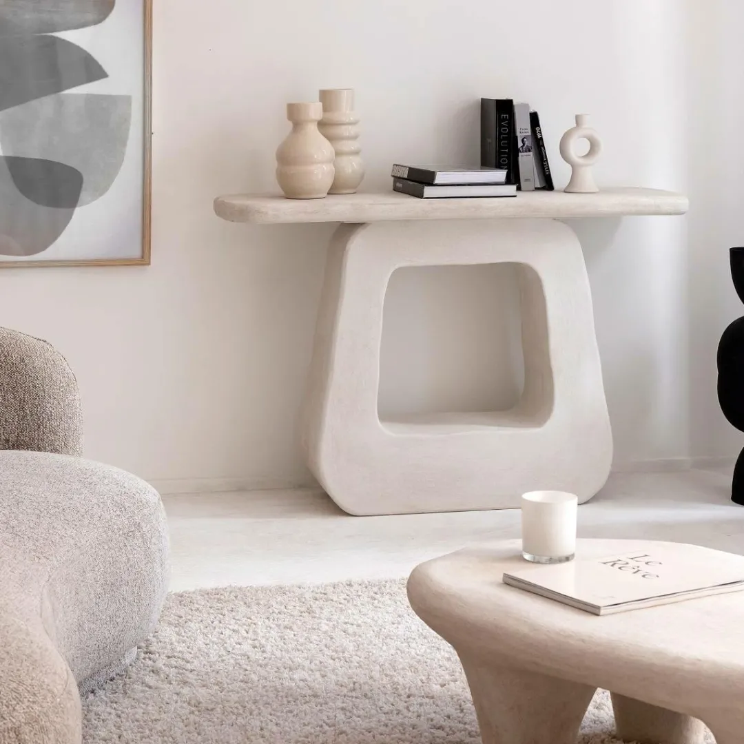 Table Console<Made in Meubles Console pied central en bois effet béton blanc Danaé