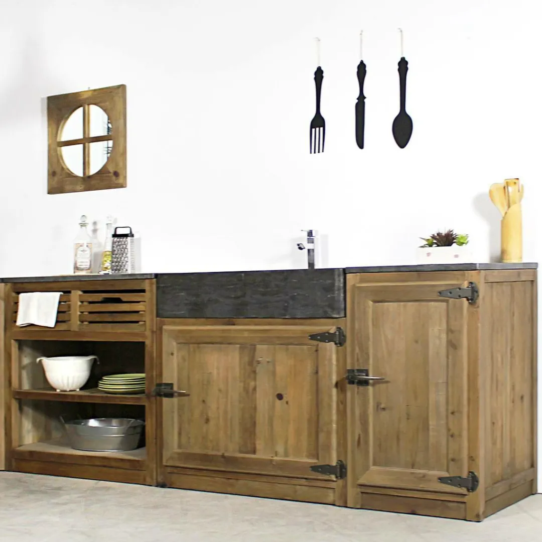 Meuble Bas<Made in Meubles Meuble bas de cuisine évier 2 vasques pierre bleue Champêtre