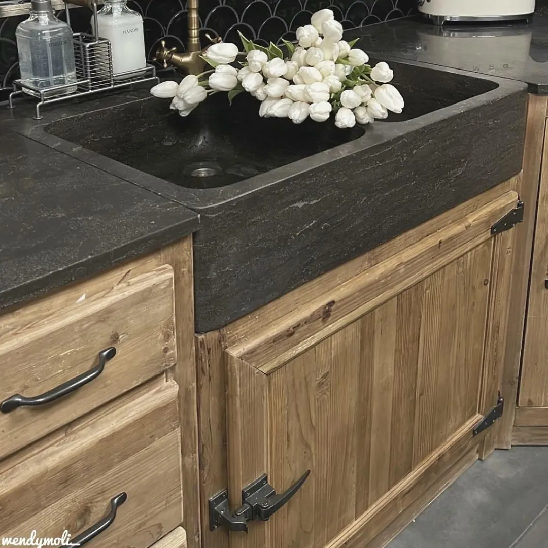 Meuble Bas<Made in Meubles Meuble bas de cuisine évier 2 vasques pierre bleue Champêtre