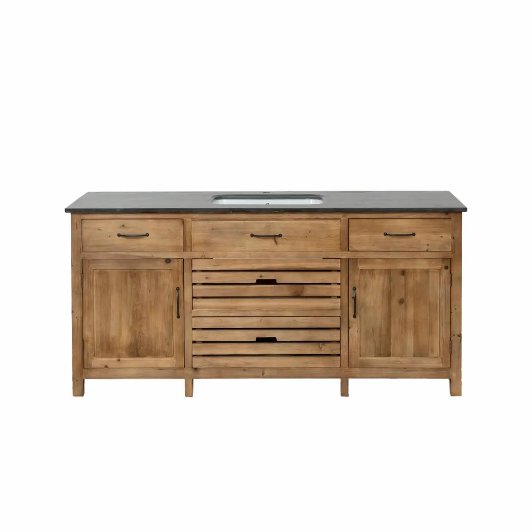 Meuble Bas<Made in Meubles Meuble de cuisine en vieux pin et pierre bleue Champêtre