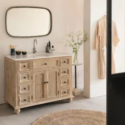 Meuble Sous Vasque<Made in Meubles Meuble sous vasque en vieux pin et marbre blanc Octavie