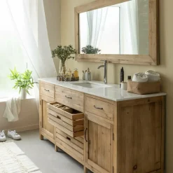 Meuble Sous Vasque<Made in Meubles Meuble sous vasque en vieux pin et marbre blanc Nils