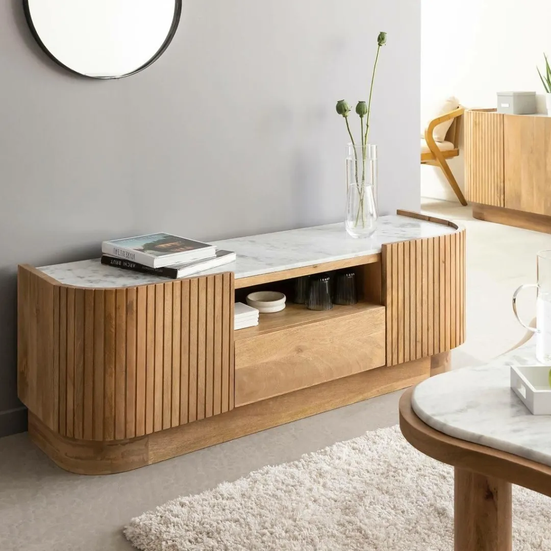 Meuble Tv<Made in Meubles Meuble TV en bois de manguier et marbre Adler