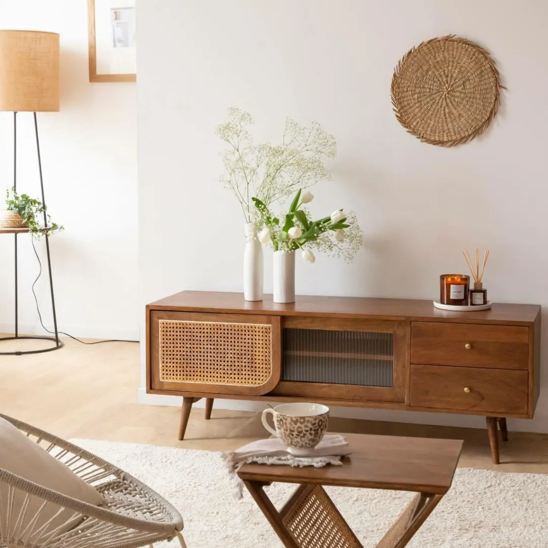 Meuble Tv<Made in Meubles Meuble TV en bois de manguier et cannage Charline