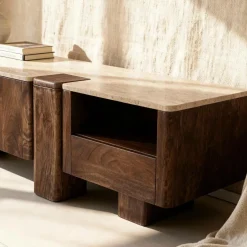 Meuble Tv<Made in Meubles Meuble TV en bois de manguier et en travertin Carola