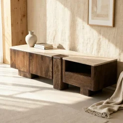 Meuble Tv<Made in Meubles Meuble TV en bois de manguier et en travertin Carola