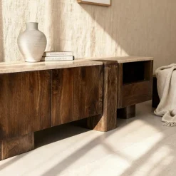 Meuble Tv<Made in Meubles Meuble TV en bois de manguier et en travertin Carola