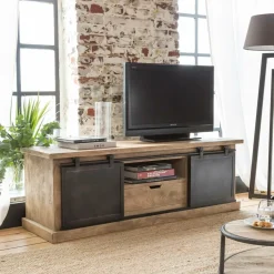 Meuble Tv<Made in Meubles Meuble TV en bois de manguier brossé et métal noir 150 cm Helsinki