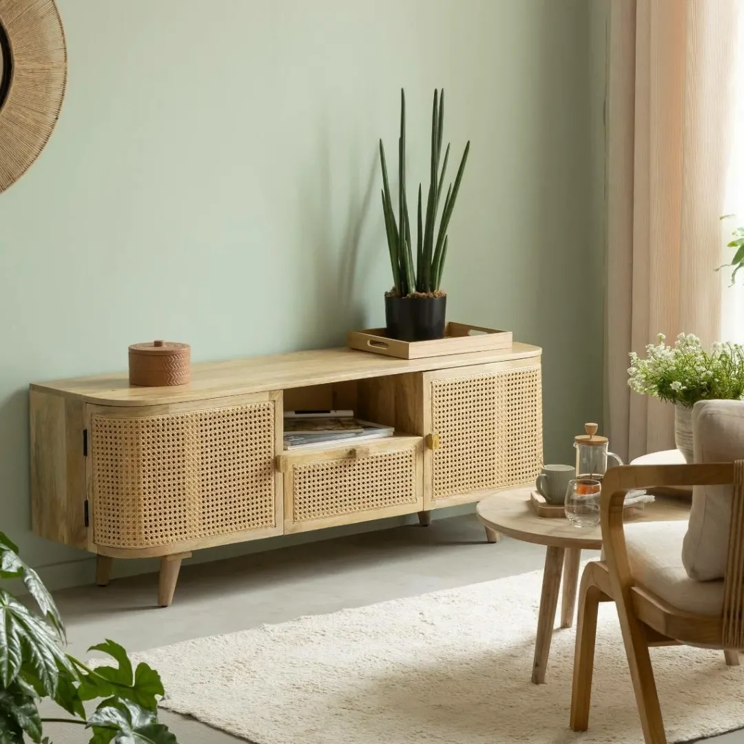 Meuble Tv<Made in Meubles Meuble TV en bois de manguier et cannage Palma