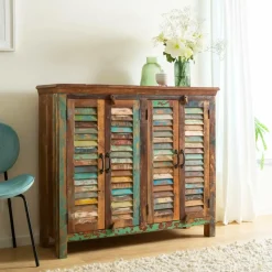 Buffet<Made in Meubles Petit buffet à  lattes en bois coloré Ethnik