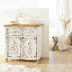 Buffet<Made in Meubles Petit buffet blanc en pin massif brossé Bastille