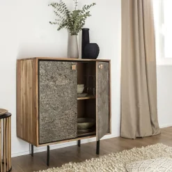 Buffet<Made in Meubles Petit buffet en bois d'acacia et pierre Côme