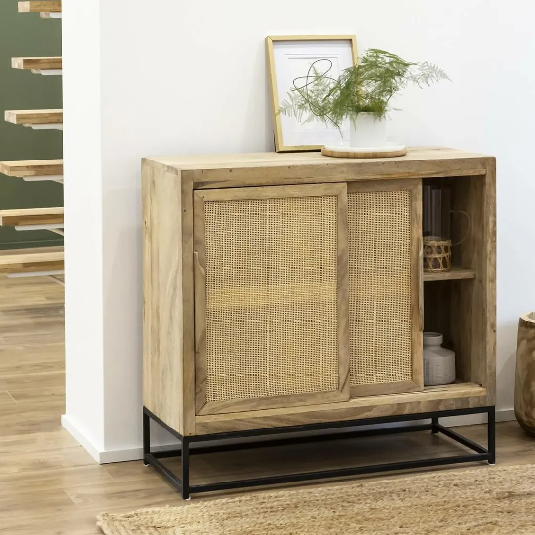 Buffet<Made in Meubles Petit buffet en bois de manguier et cannage Rim