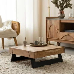 Table Basse<Made in Meubles Table basse carrée en bois d'acacia et métal Cassius