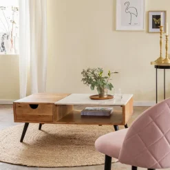 Table Basse<Made in Meubles Table basse en bois d'acacia et marbre Frida