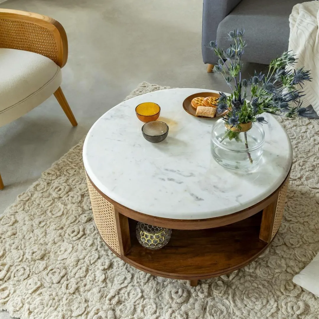 Table Basse<Made in Meubles Table basse en bois de manguier, cannage et marbre Brook