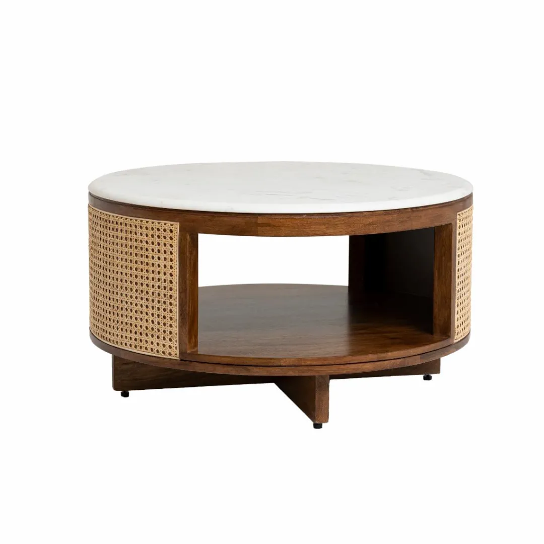 Table Basse<Made in Meubles Table basse en bois de manguier, cannage et marbre Brook
