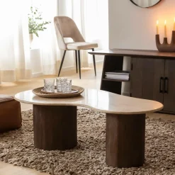 Table Basse<Made in Meubles Table basse en bois de manguier et en travertin Carola