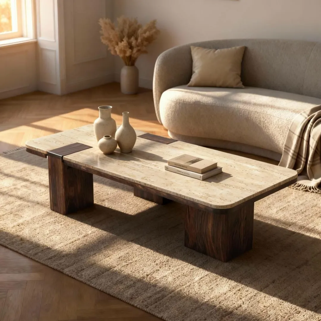 Table Basse<Made in Meubles Table basse en bois de manguier et travertin Carola