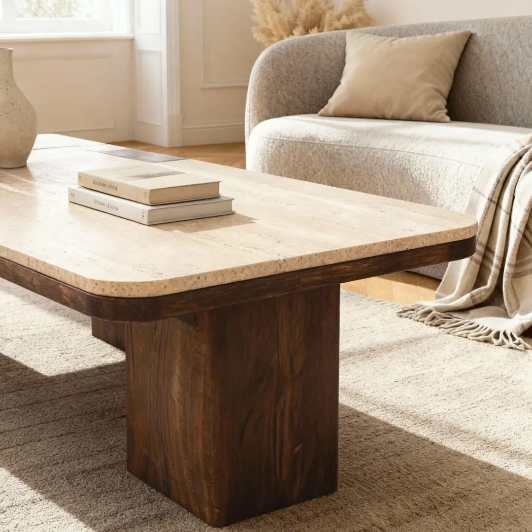 Table Basse<Made in Meubles Table basse en bois de manguier et travertin Carola