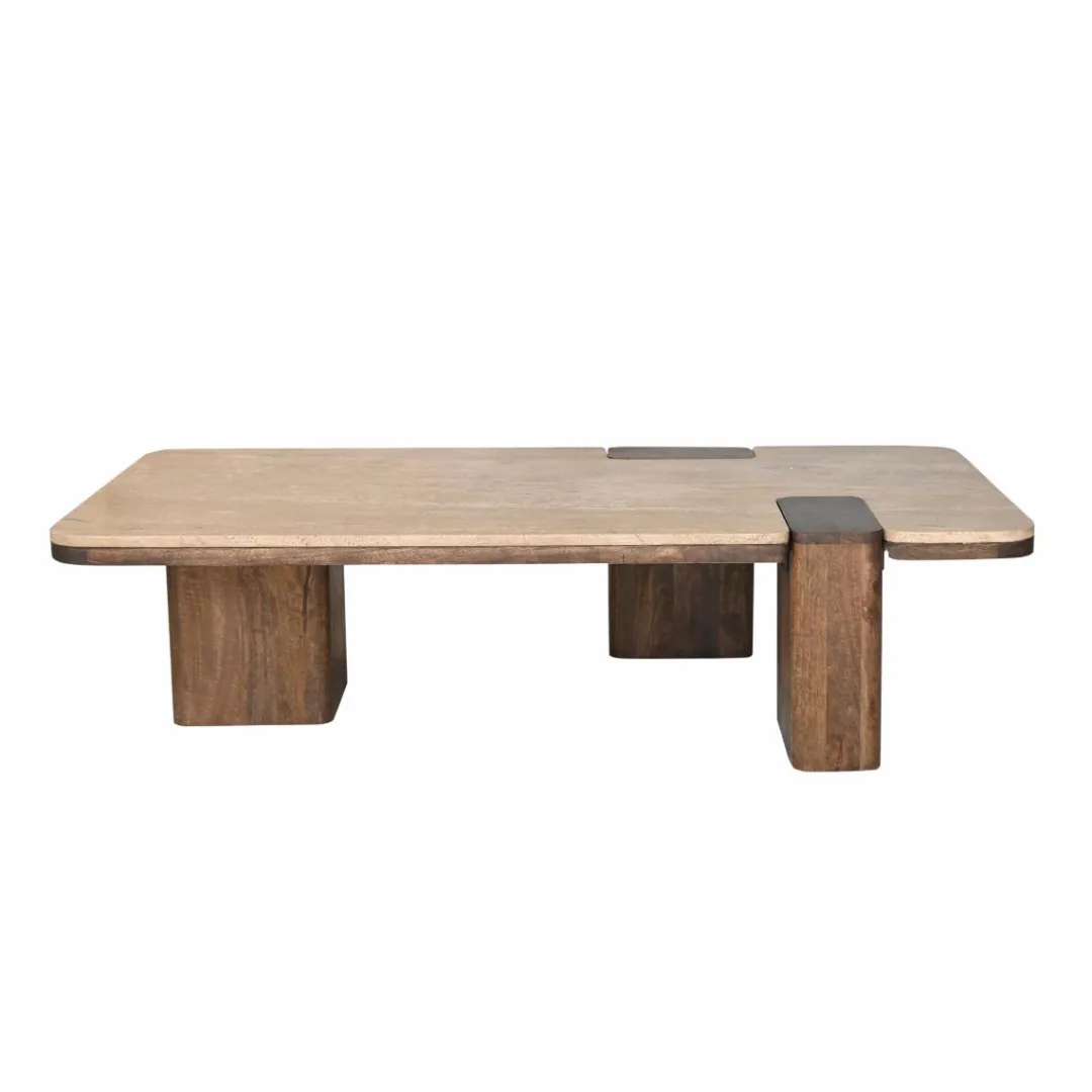 Table Basse<Made in Meubles Table basse en bois de manguier et travertin Carola