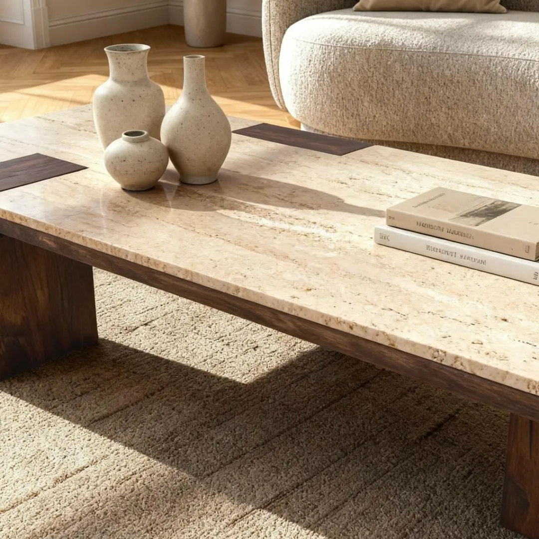 Table Basse<Made in Meubles Table basse en bois de manguier et travertin Carola