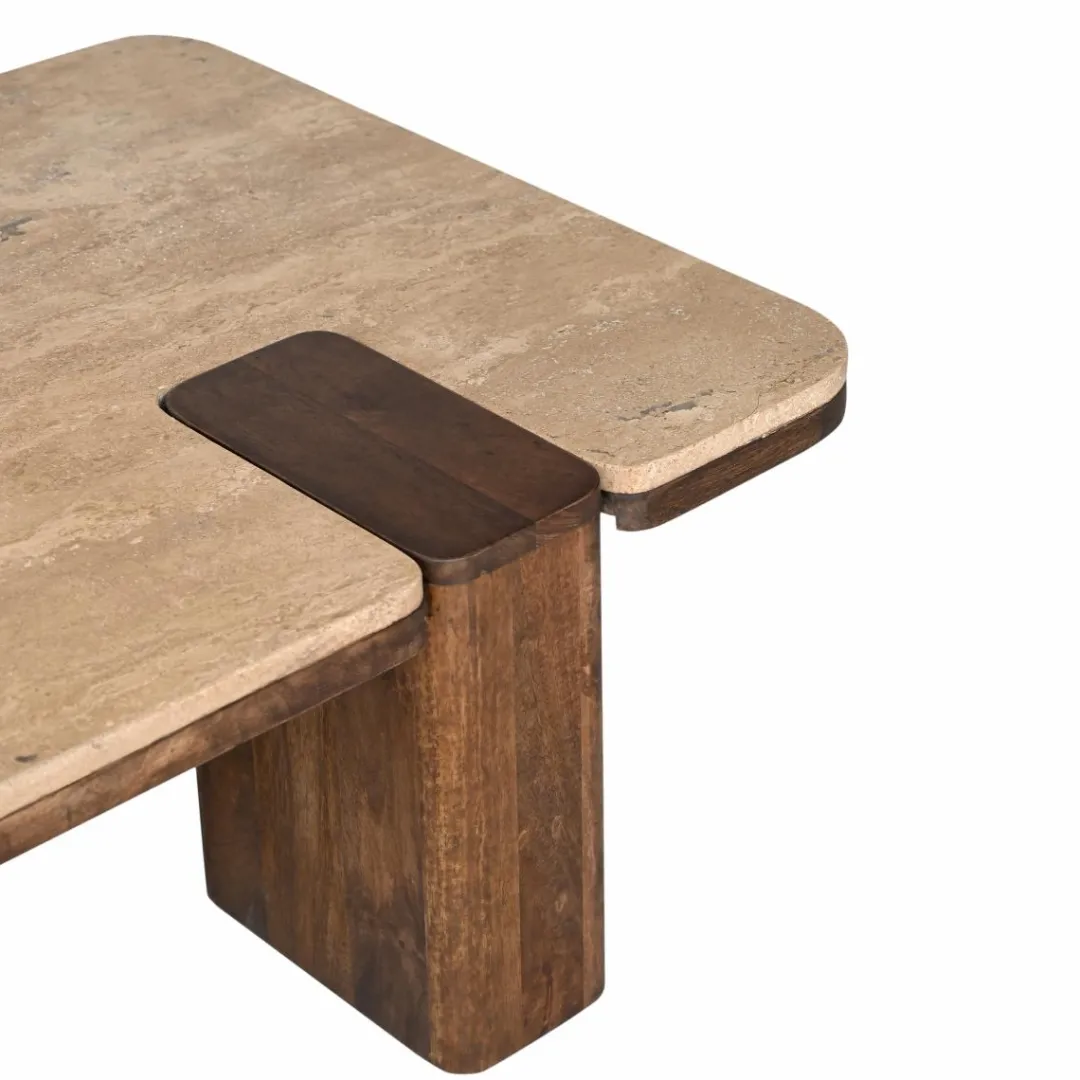 Table Basse<Made in Meubles Table basse en bois de manguier et travertin Carola