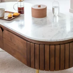 Table Basse<Made in Meubles Table basse en bois de manguier et marbre Sienne