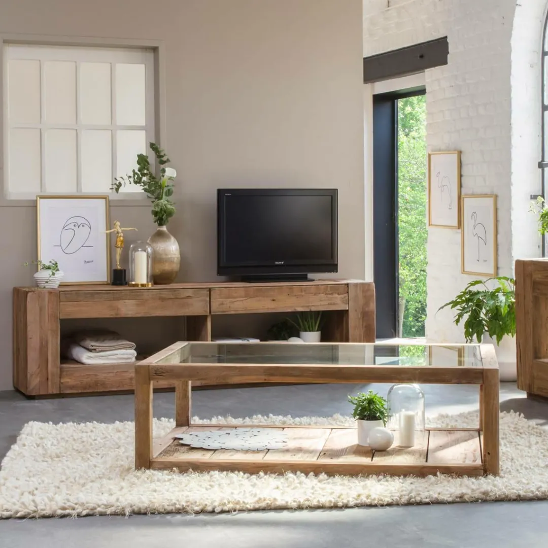 Table Basse<Made in Meubles Table basse en bois recyclé et verre Blaise