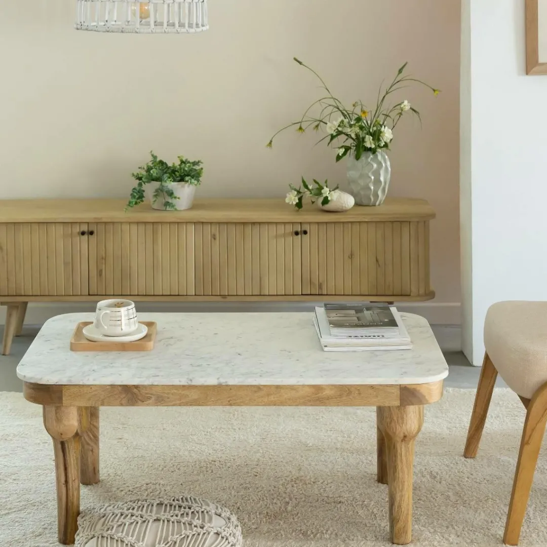 Table Basse<Made in Meubles Table basse en marbre et en bois d'acacia Calix