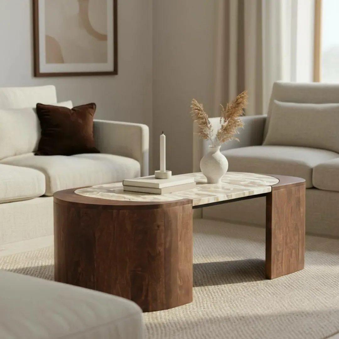 Table Basse<Made in Meubles Table basse ovale en bois de manguier et marbre Agnès