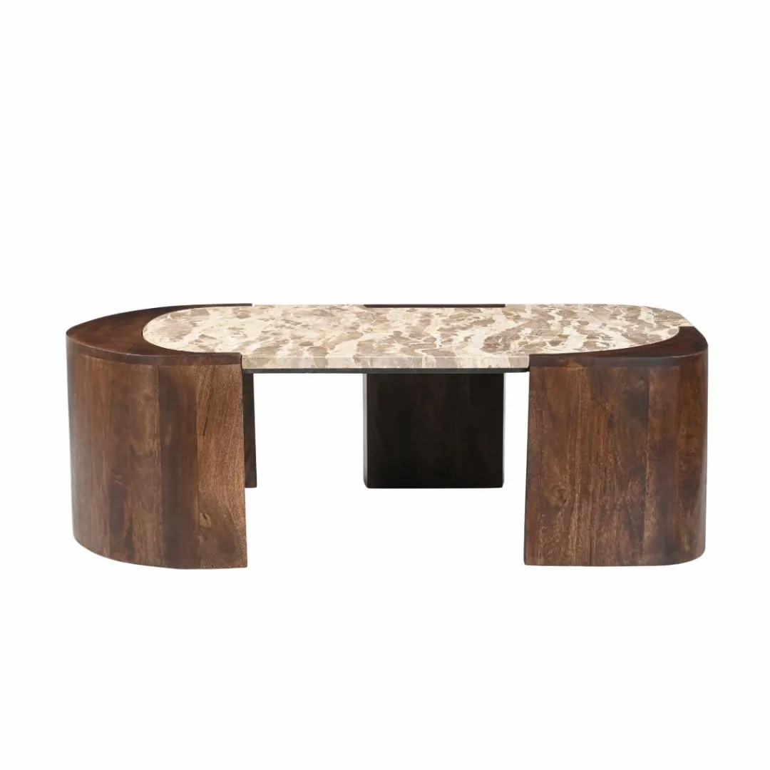 Table Basse<Made in Meubles Table basse ovale en bois de manguier et marbre Agnès